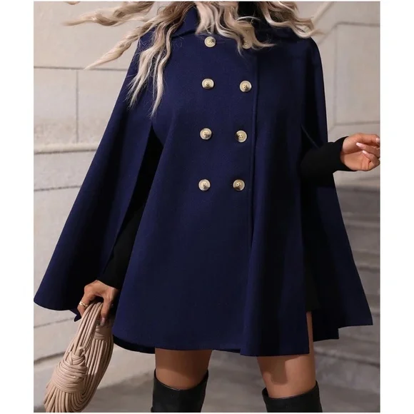 ジャケット・アウター L'Or Double-breasted Cape Coat British Womens Woolen Cape Coat Double Breasted Stand Collar